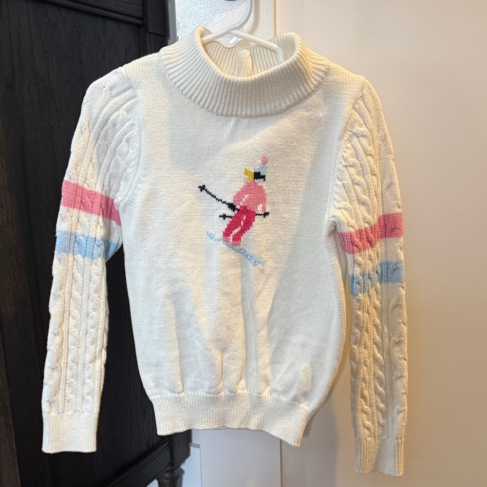Girls Cable Knit White Ski Sweater